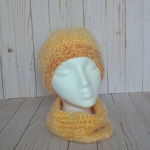 Hand crocheted beanie with a faux fur pom and cowl scarf set